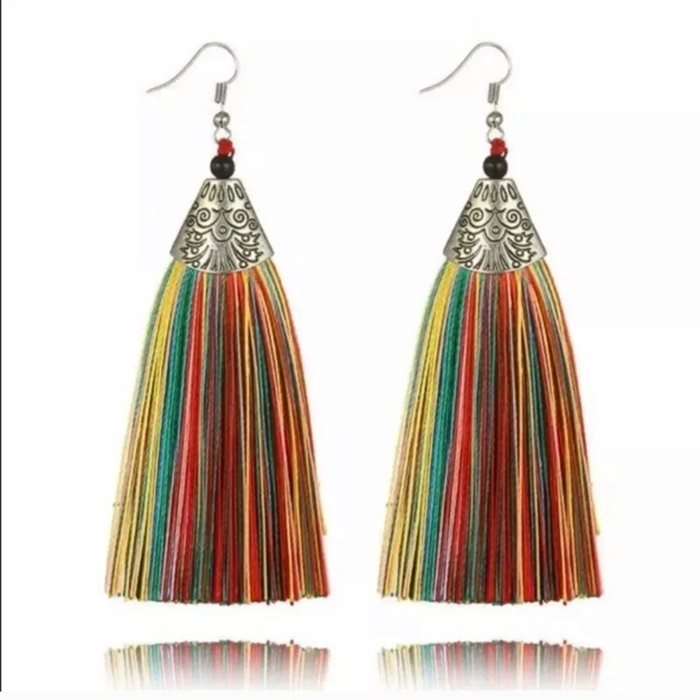 Multicolor Tassels with Tibetan Silver Earrings